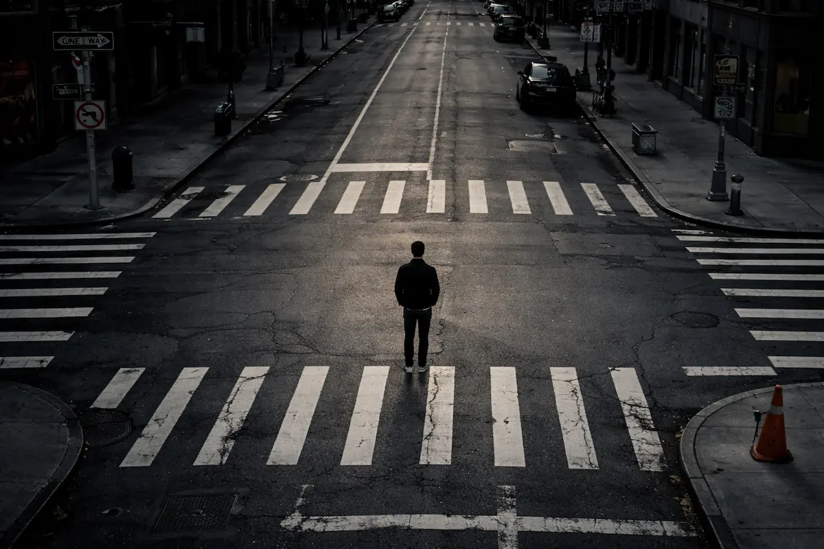 Vista aérea de persona en intersección urbana representando confusión frente a portafolio de productos y servicios desordenado